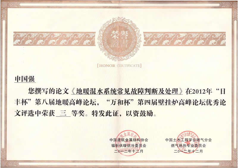 申國強論文獎證書(shū)